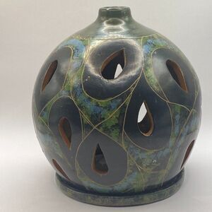 Vintage Green and Grey Nicaraguan Lattice Pierced Pottery Luminary Candle